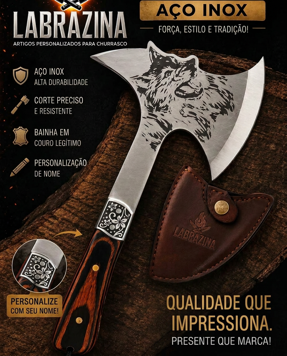 Machado em aço inox com gravação de lobo e bainha de couro