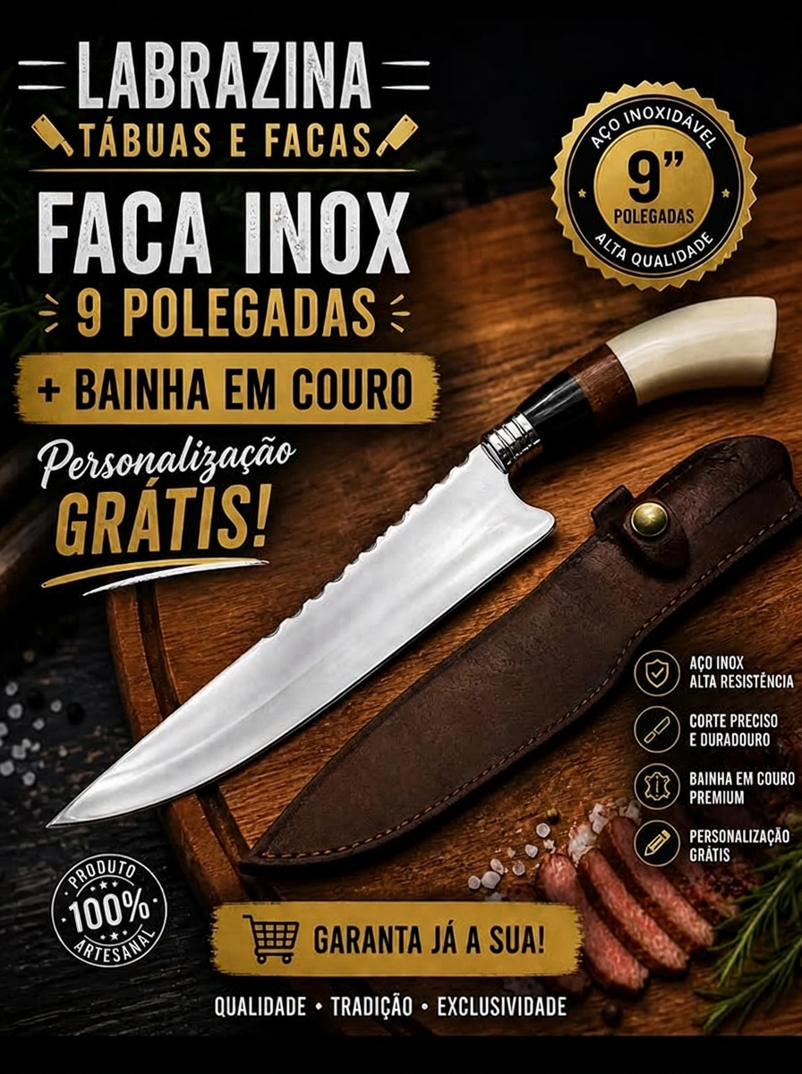 Faca inox de 9 polegadas com bainha em couro