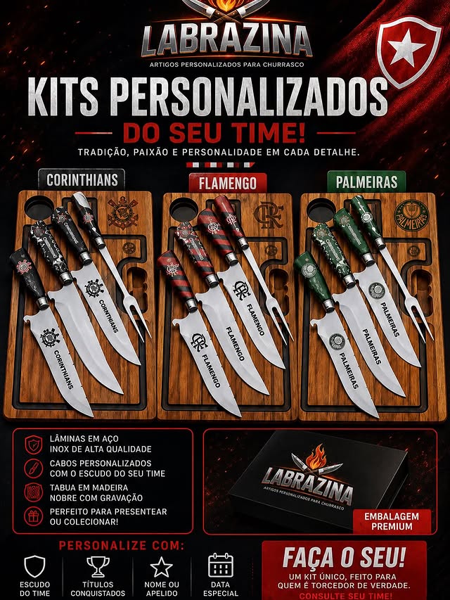 Kits de facas personalizados com escudos de Corinthians, Flamengo e Palmeiras