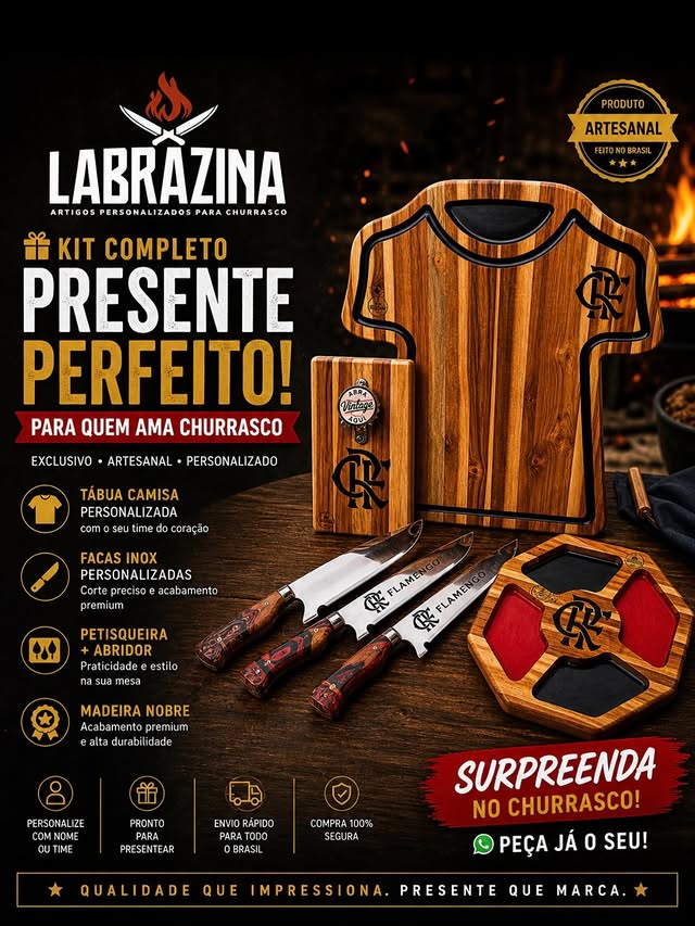 Kit churrasco personalizado Labrazina com tábua em formato de camisa, facas inox e petisqueira