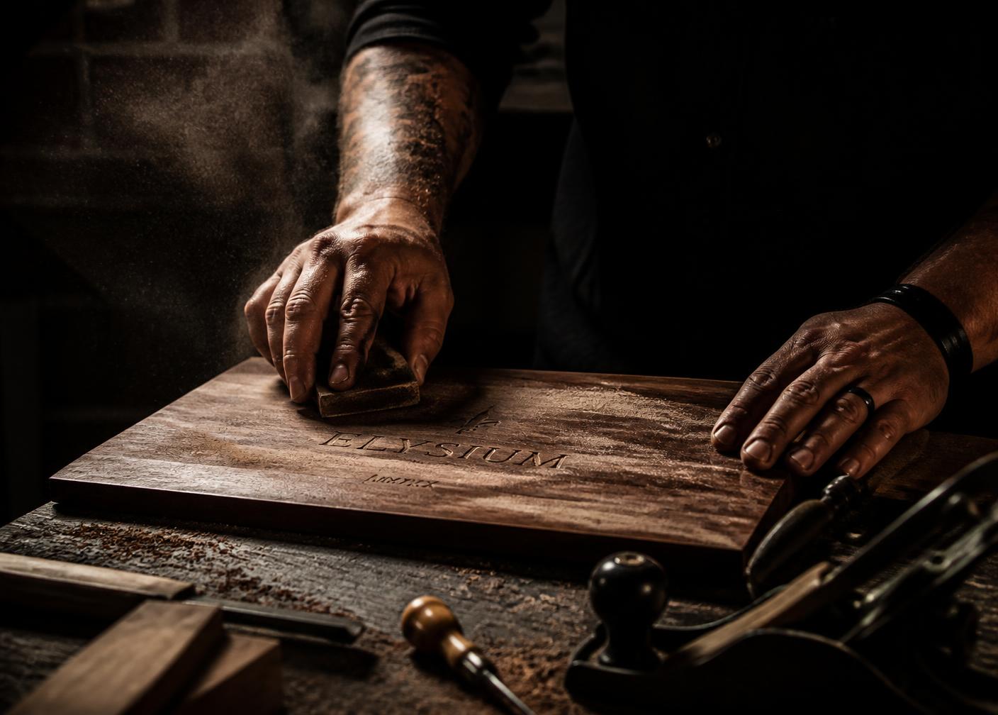 Artesão lixando e gravando uma tábua de madeira nobre em oficina
