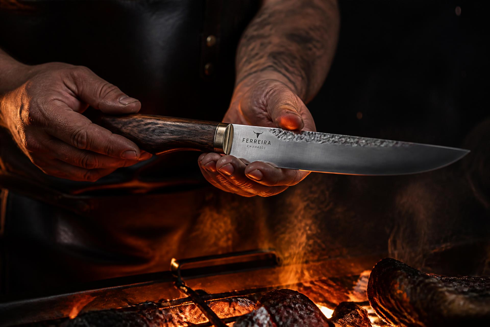 Mãos de artesão segurando uma faca de churrasco com cabo de madeira nobre sobre brasas acesas
